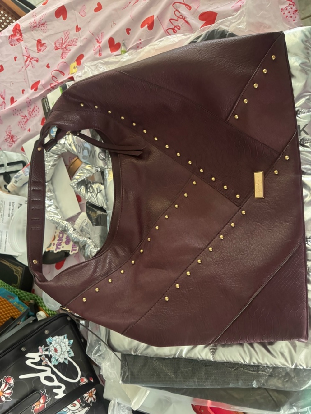 Jessica Simpson Studded Wine Faux Leather Tote